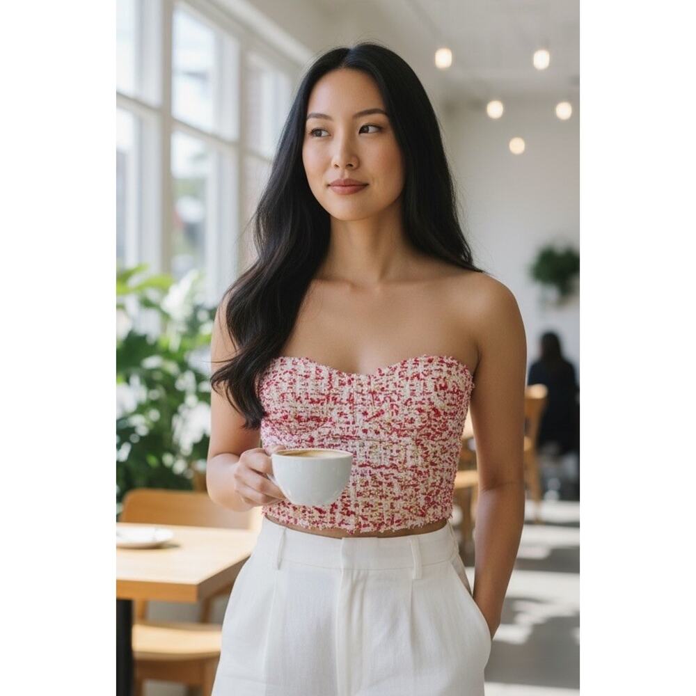 Alice + Olivia Pink and White Tweed Strapless Crop Top